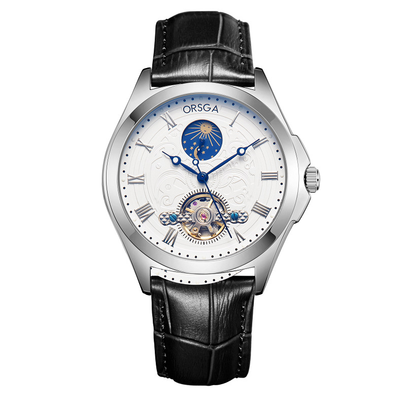 Oshima automata férfi mechanikus órája, tömör acélból, holdfázis, skeletált számlap, vízálló 30m
