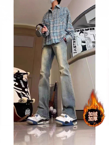 Ανδρικά τζιν slim straight από denim, με επένδυση φλίς, χοντρά για τον χειμώνα, αμερικανικό streetwear στυλ, με καμπύλη στα πόδια