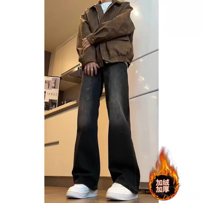 Ανδρικά τζιν slim straight από denim, με επένδυση φλίς, χοντρά για τον χειμώνα, αμερικανικό streetwear στυλ, με καμπύλη στα πόδια