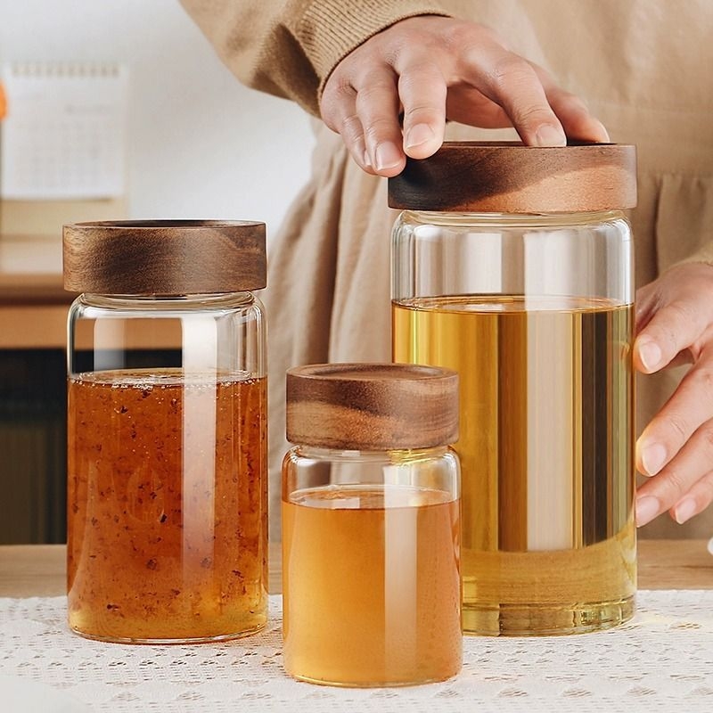 Borcan din sticlă pentru miere, cu capac etanș, recipient pentru depozitare miere și dulceață (până la 300 ml)