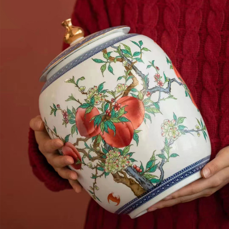 Pastelna keramička posuda za čaj s motivom Devet breskvi i Pet blagoslova, veliki format, zlatni detalji, zapečaćena