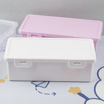 Bijela prozirna pravokutna kutija za pohranu s podiznim poklopcem za olovke i uredsku organizaciju, dimenzije 18,5 × 6 × 9 cm