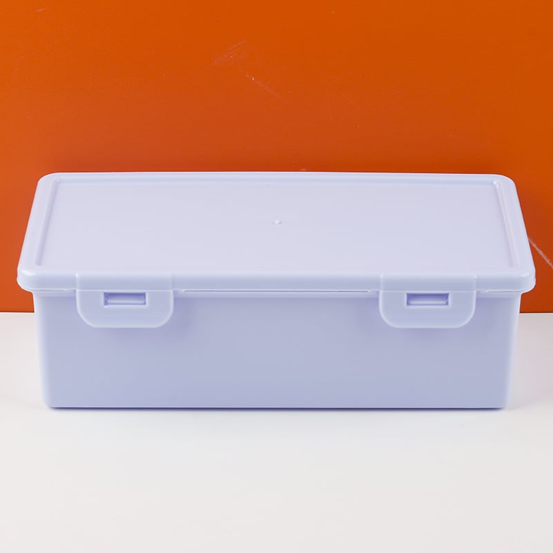 Bijela prozirna pravokutna kutija za pohranu s podiznim poklopcem za olovke i uredsku organizaciju, dimenzije 18,5 × 6 × 9 cm