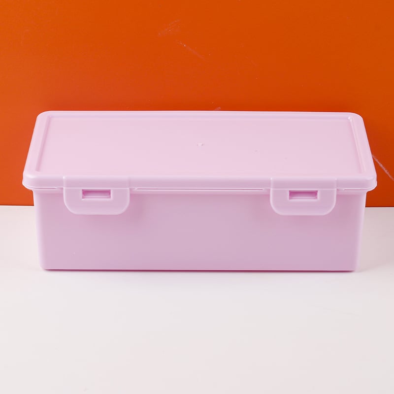 Bijela prozirna pravokutna kutija za pohranu s podiznim poklopcem za olovke i uredsku organizaciju, dimenzije 18,5 × 6 × 9 cm