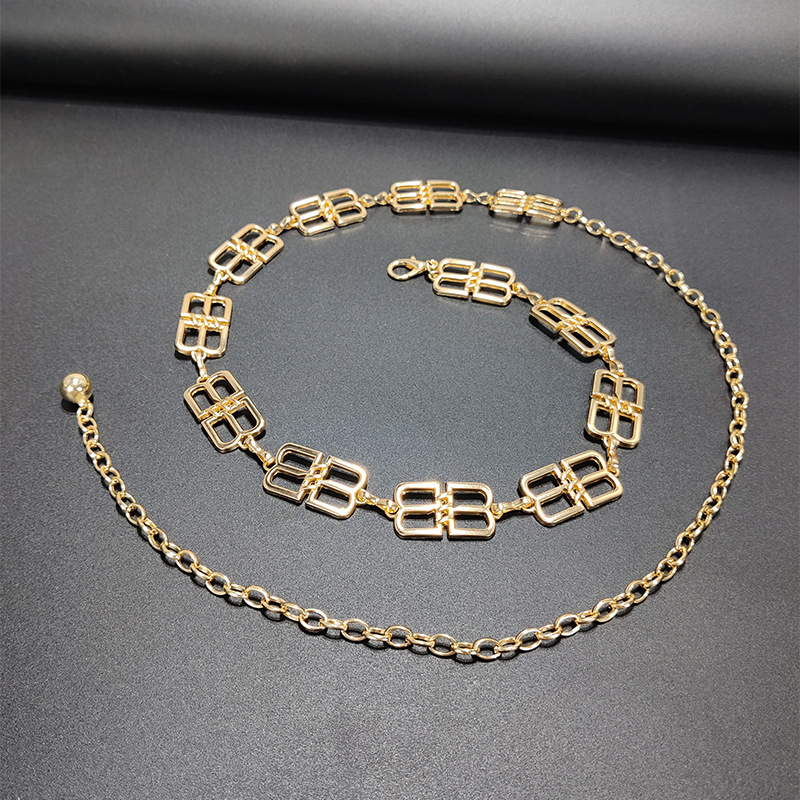 Ženski struk lanac s motivom slova – elegantan metalni dodatak za haljine i džempere, duljina 110 cm, širina 2–4 cm, proljeće 2025