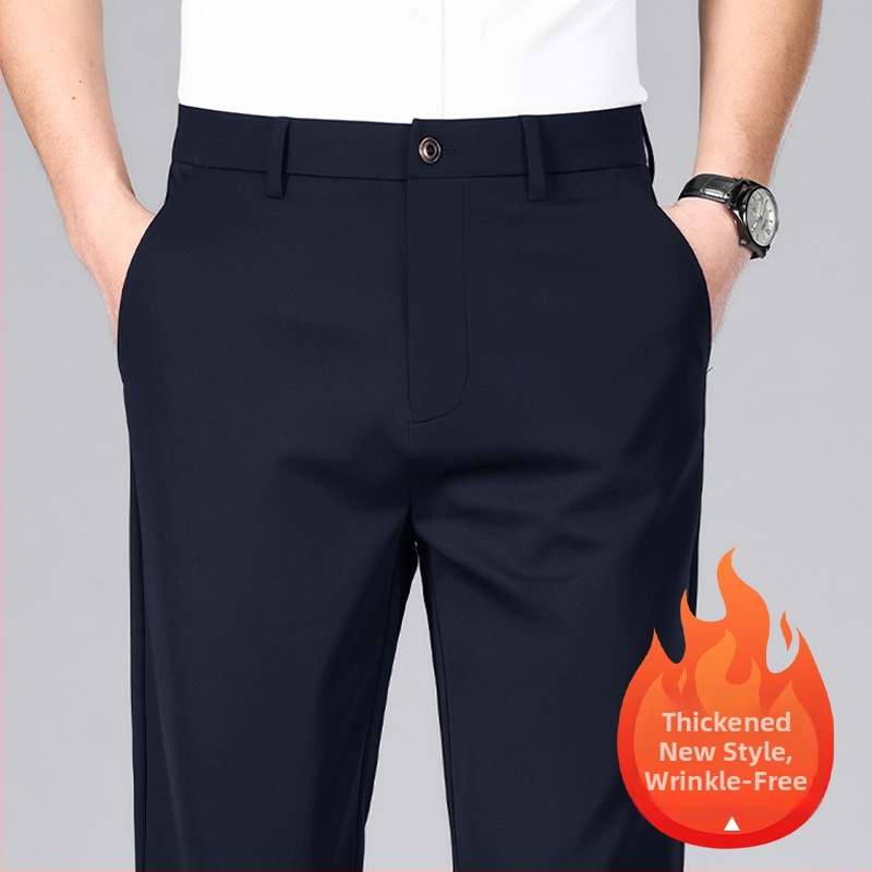 Muške hlače bez glačanja s fleece podstavom, slim fit, elegantne poslovne hlače s elastičnošću
