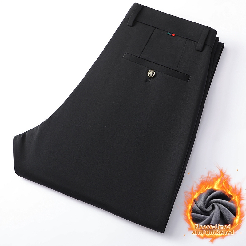 Muške hlače bez glačanja s fleece podstavom, slim fit, elegantne poslovne hlače s elastičnošću
