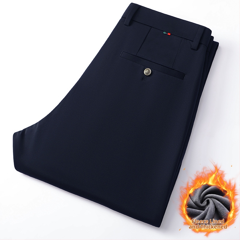 Muške hlače bez glačanja s fleece podstavom, slim fit, elegantne poslovne hlače s elastičnošću
