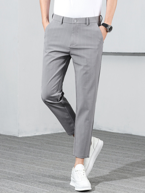 Ανδρικά παντελόνια σε βρετανικό στυλ με κωνική γραμμή και ρίγες, στενή εφαρμογή, μεσαία μέση, φερμουάρ, μικροελαστικότητα, καθημερινή χρήση