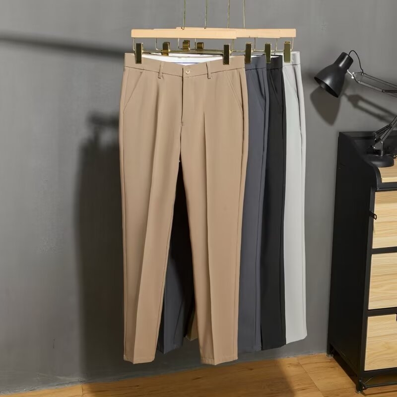 Muške casual hlače uskog kroja, kraće dužine, ljetni stil, moderan drap efekat, profinjen poslovni izgled, formalne hlače od ice silk materijala
