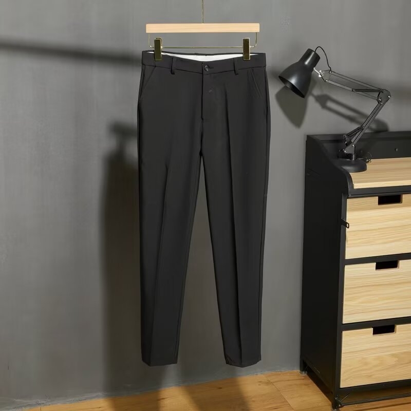 Muške casual hlače uskog kroja, kraće dužine, ljetni stil, moderan drap efekat, profinjen poslovni izgled, formalne hlače od ice silk materijala