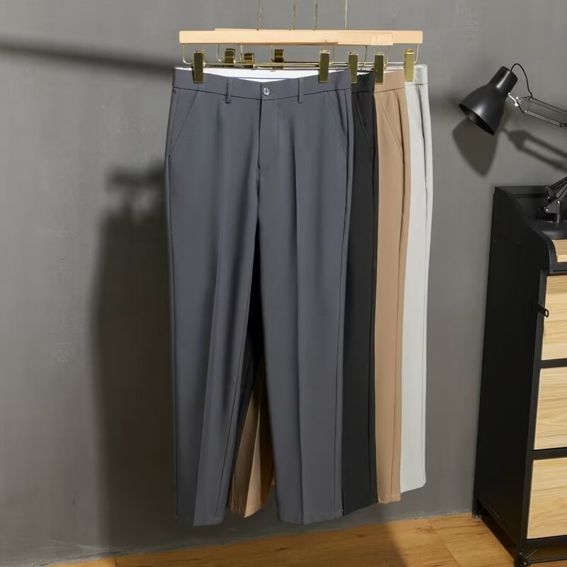 Muške casual hlače uskog kroja, kraće dužine, ljetni stil, moderan drap efekat, profinjen poslovni izgled, formalne hlače od ice silk materijala