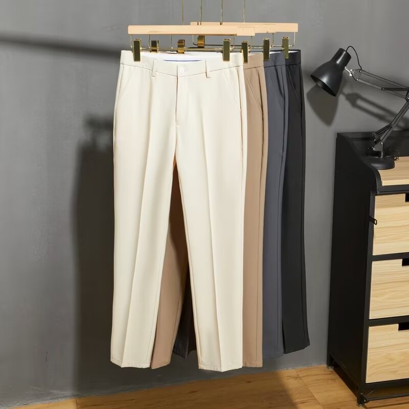 Muške casual hlače uskog kroja, kraće dužine, ljetni stil, moderan drap efekat, profinjen poslovni izgled, formalne hlače od ice silk materijala