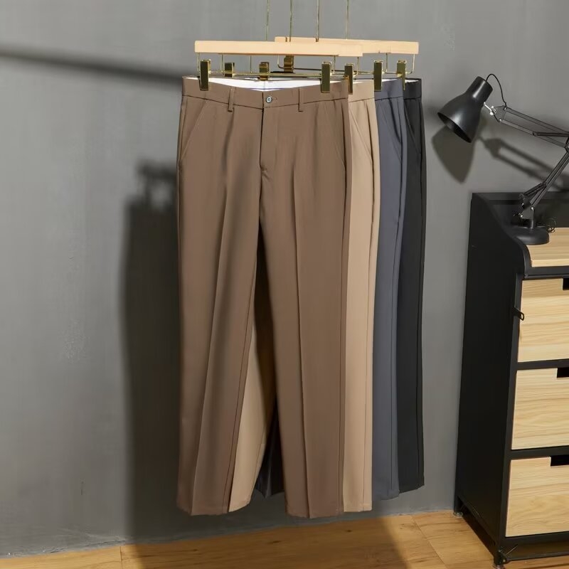Muške casual hlače uskog kroja, kraće dužine, ljetni stil, moderan drap efekat, profinjen poslovni izgled, formalne hlače od ice silk materijala