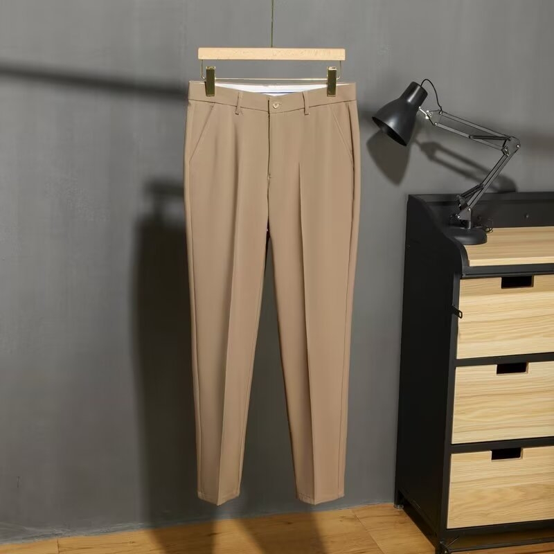 Muške casual hlače uskog kroja, kraće dužine, ljetni stil, moderan drap efekat, profinjen poslovni izgled, formalne hlače od ice silk materijala