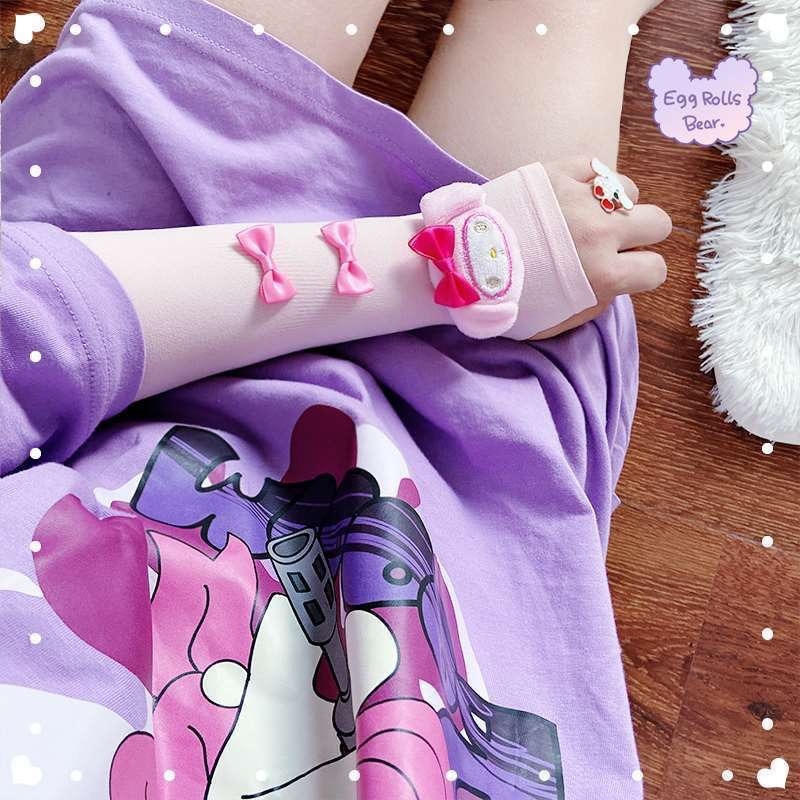 Kulomi rukavice od ice silk - crtani film zaštita od sunca, Lolita stil, ružna mašna, duge