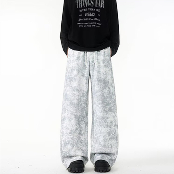 Muške hlače za proljeće–jesen 2025, hongkonškog stila, široke i ležerne, sportsko-casual kroj, ravni kroj, duge, tie-dye, plus size