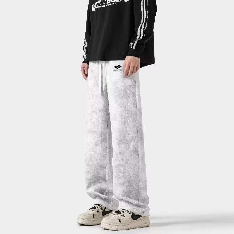 Muške hlače za proljeće–jesen 2025, hongkonškog stila, široke i ležerne, sportsko-casual kroj, ravni kroj, duge, tie-dye, plus size