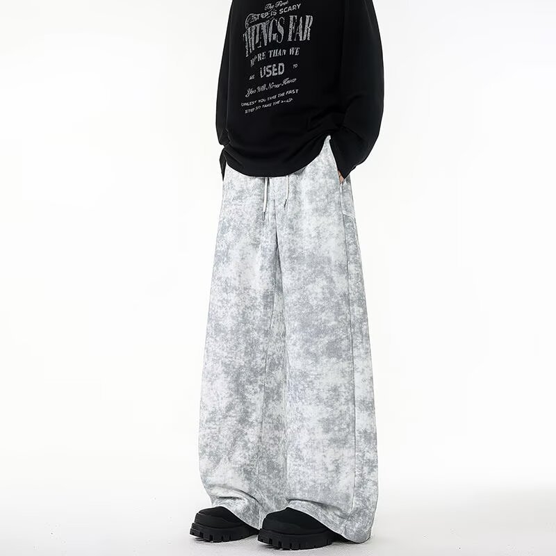 Muške hlače za proljeće–jesen 2025, hongkonškog stila, široke i ležerne, sportsko-casual kroj, ravni kroj, duge, tie-dye, plus size