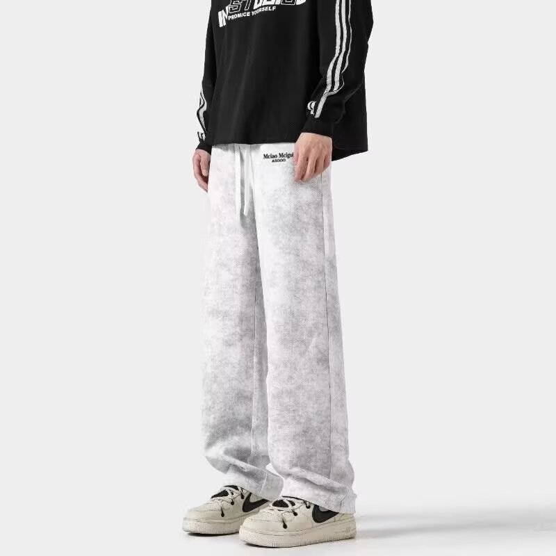 Muške hlače za proljeće–jesen 2025, hongkonškog stila, široke i ležerne, sportsko-casual kroj, ravni kroj, duge, tie-dye, plus size