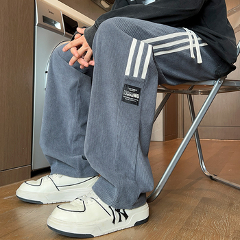 Muške sportske hlače s fleecem iznutra, tri pruge, opuštena silueta, plus veličina, jesen-zima, američki street stil, ravnog kroja, casual.