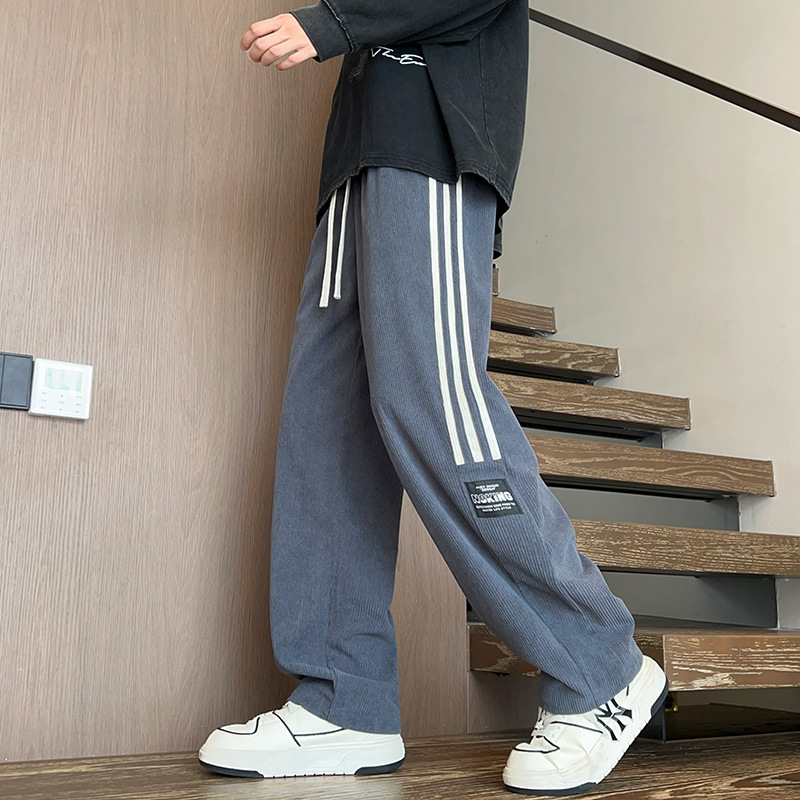 Muške sportske hlače s fleecem iznutra, tri pruge, opuštena silueta, plus veličina, jesen-zima, američki street stil, ravnog kroja, casual.