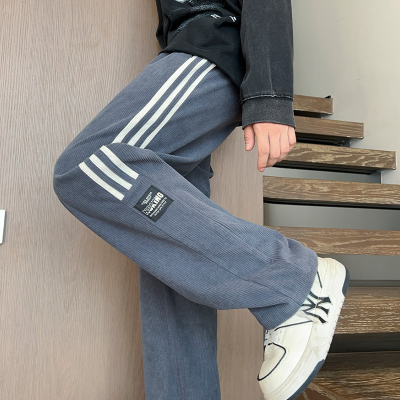 Muške sportske hlače s fleecem iznutra, tri pruge, opuštena silueta, plus veličina, jesen-zima, američki street stil, ravnog kroja, casual.