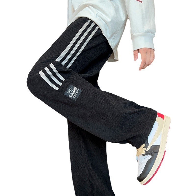 Muške sportske hlače s fleecem iznutra, tri pruge, opuštena silueta, plus veličina, jesen-zima, američki street stil, ravnog kroja, casual.