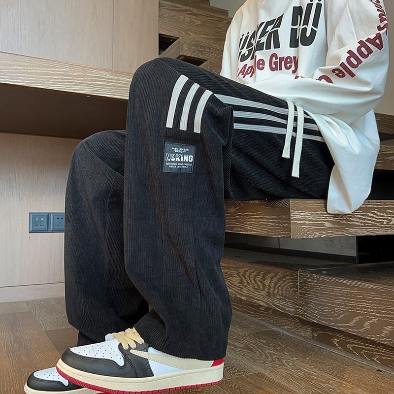 Muške sportske hlače s fleecem iznutra, tri pruge, opuštena silueta, plus veličina, jesen-zima, američki street stil, ravnog kroja, casual.