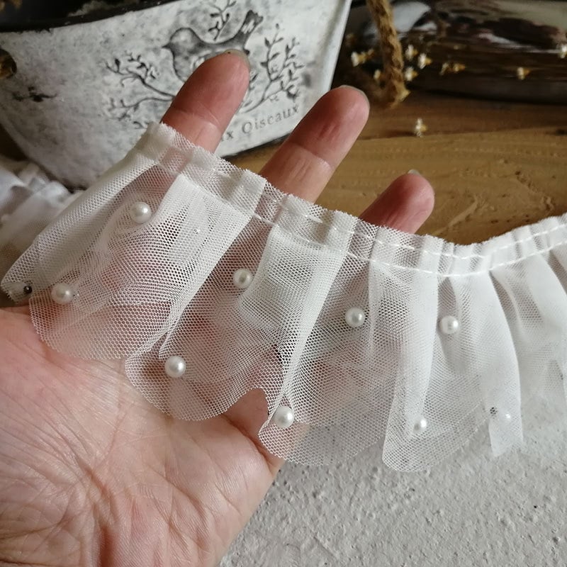 7 cm široka bijela trostruka mrežasta čipka s perlama – DIY materijal za plisiranu suknju