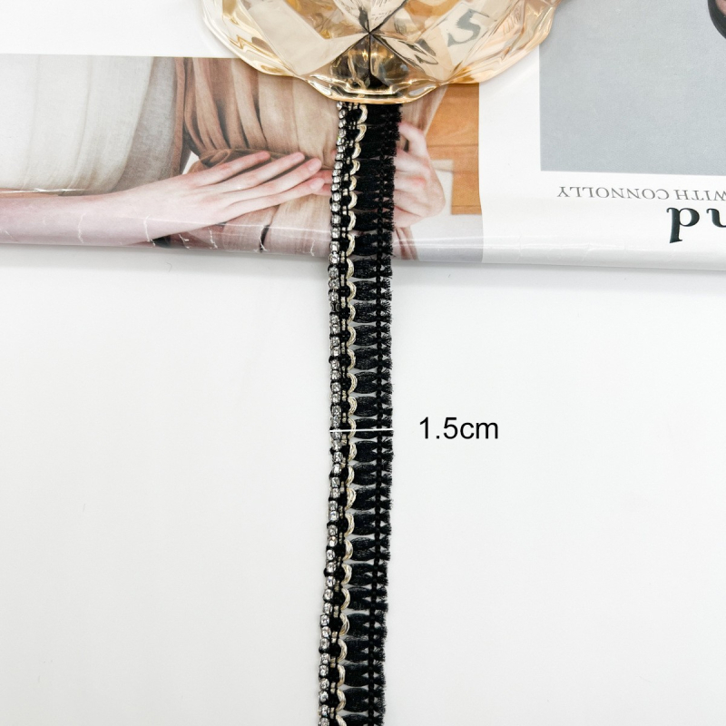 1,5 cm crni jednostrani lanac s kristalima i resicama, čipka za DIY odjeću