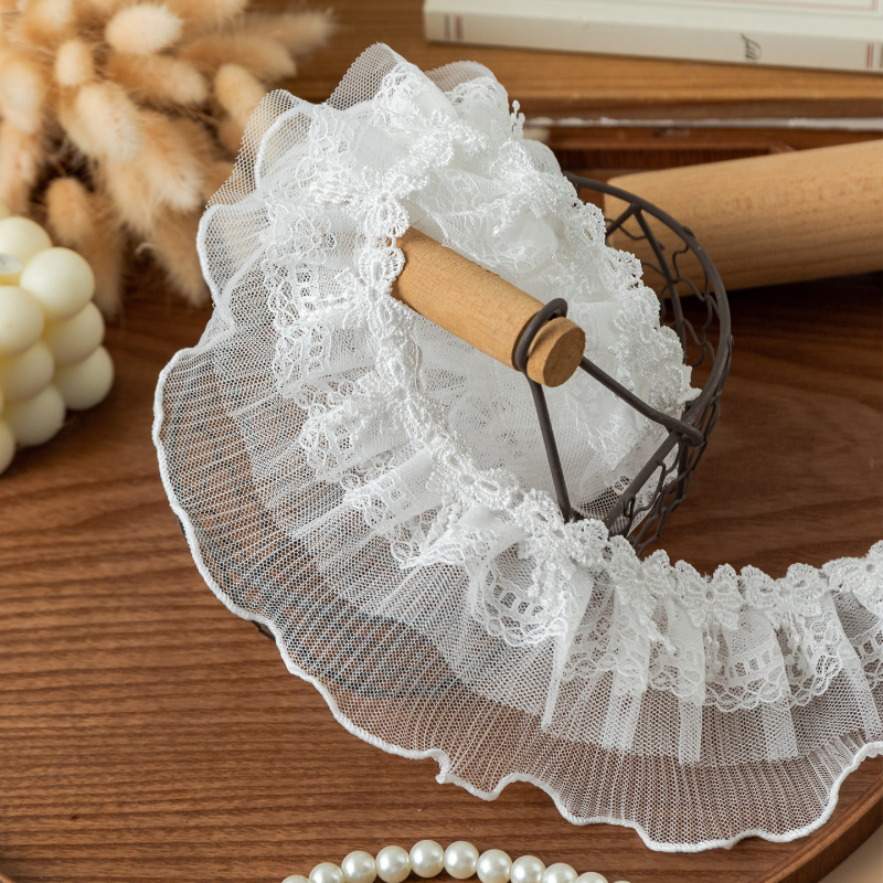 Bijeli trostruko naborani čipkasti rub – ručno izrađeni DIY Lolita dodaci za odjeću, zavjese i igračke