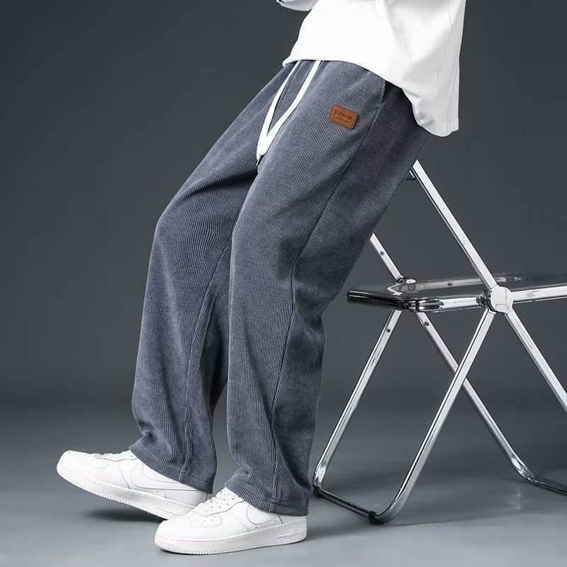 Ανδρικά παντελόνια φλις με επένδυση από Corduroy, casual για φθινόπωρο-χειμώνα, φαρδιά ίσια γραμμή, μακριά
