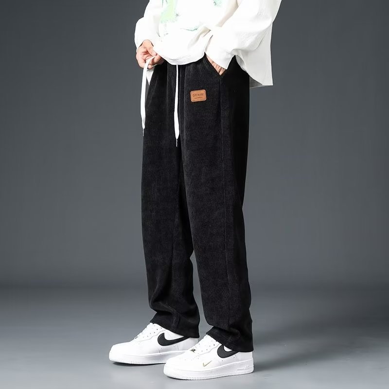 Ανδρικά παντελόνια φλις με επένδυση από Corduroy, casual για φθινόπωρο-χειμώνα, φαρδιά ίσια γραμμή, μακριά