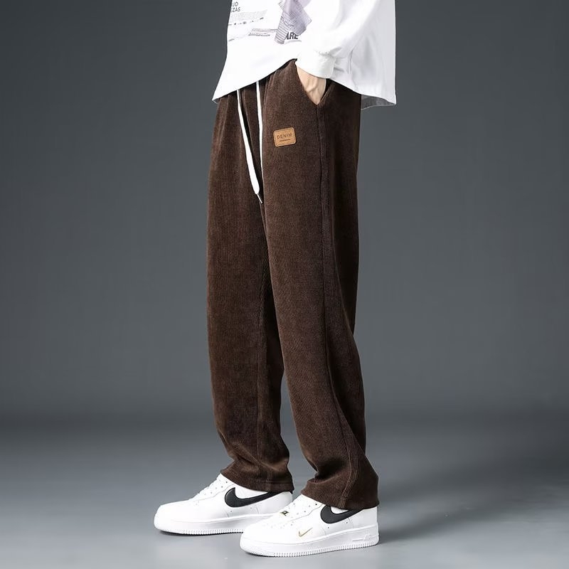 Ανδρικά παντελόνια φλις με επένδυση από Corduroy, casual για φθινόπωρο-χειμώνα, φαρδιά ίσια γραμμή, μακριά