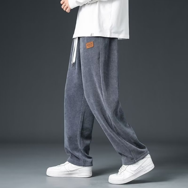 Ανδρικά παντελόνια φλις με επένδυση από Corduroy, casual για φθινόπωρο-χειμώνα, φαρδιά ίσια γραμμή, μακριά