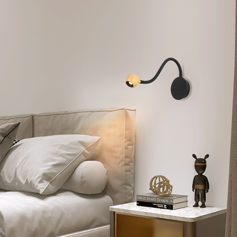 Prilagodljiva zidna lampa s fleksibilnim vratilom, crna, zaštita očiju, noćna svjetiljka za spavaću sobu i učionu, LED, moderni minimalistički stil