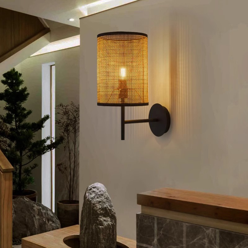 Zidna lampa od ratana u log-stilu, ručno pletena, japanski wabi-sabi stil, za spavaću sobu i hodnik