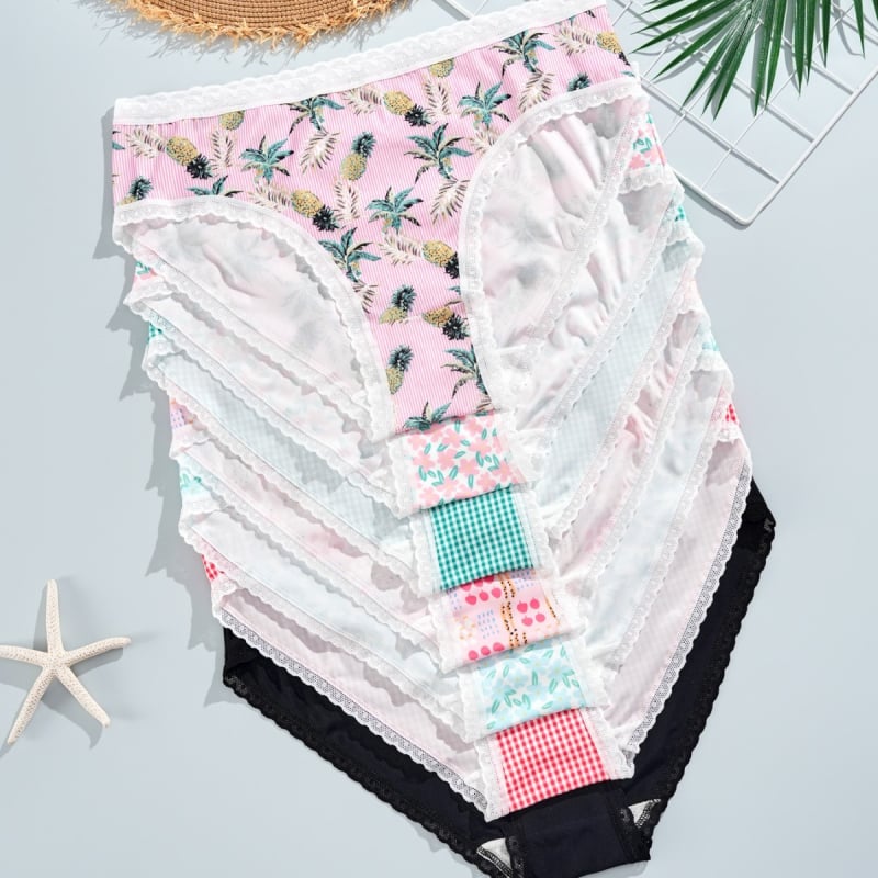 Gaćice za žene u plus veličini, Milk Silk, čipkasti rub, brzo sušeće, cvjetni uzorak, srednji struk