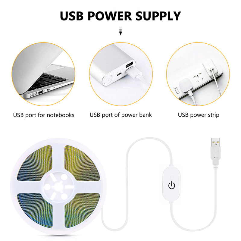 USB dvobojna COB fleksibilna LED traka, DC5V, 8mm, 500 LED/m, bijela + topla CCT, tri boje, neprekidno dimanje, CRI 90