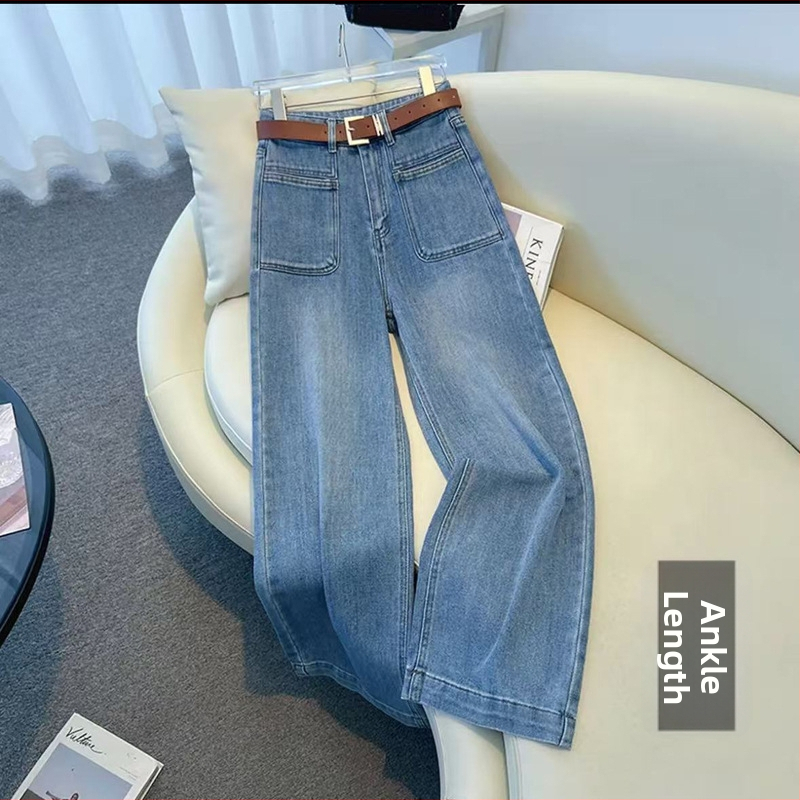 Γυναικείοι τζιν μπλε vintage με υψηλή μέση και ίσιο κόψιμο, φθινοπωρινό/χειμερινό 2025, χαλαρή εφαρμογή, οπτικό αδυνάτισμα