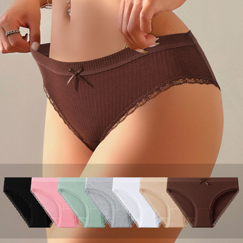 Ženske bikini gaćice od pamuka s čipkom i mašnicom, jednobojne