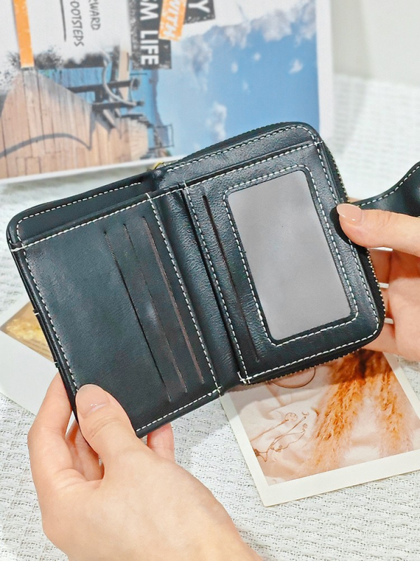 Ženski kompaktni novčanik s dizajnom protiv krađe, mini novčanik za kovanice, držač kartica i integrirani prozor za identitet, PU materijal, gradski minimalistički stil, proljeće 2025