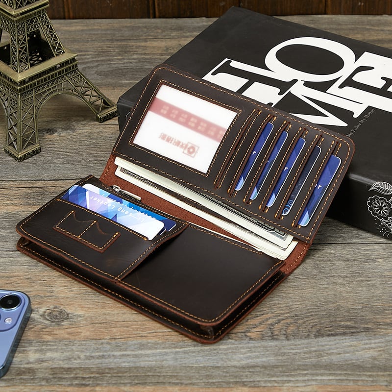 Μακρύ δερμάτινο πορτοφόλι με φερμουάρ, επαγγελματικό κλάτς, μεγάλη χωρητικότητα, ρετρό θήκη κερμάτων, τσάντα χειρός και θήκη καρτών