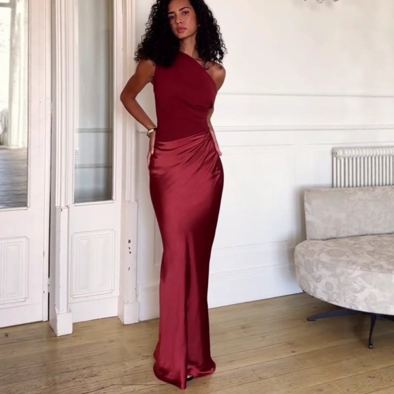 Saten midi haljina s jednim ramom, nabori i patchwork detalji, elegantna večernja haljina
