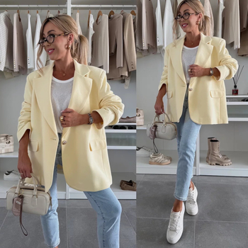 Sacou-blazer damă, culoare solidă, rever, croială lejeră, mâneci lungi, buzunare, lungime medie, stil occidental, 2026