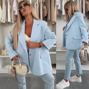 Sacou-blazer damă, culoare solidă, rever, croială lejeră, mâneci lungi, buzunare, lungime medie, stil occidental, 2026
