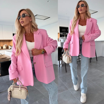 Sacou-blazer damă, culoare solidă, rever, croială lejeră, mâneci lungi, buzunare, lungime medie, stil occidental, 2026