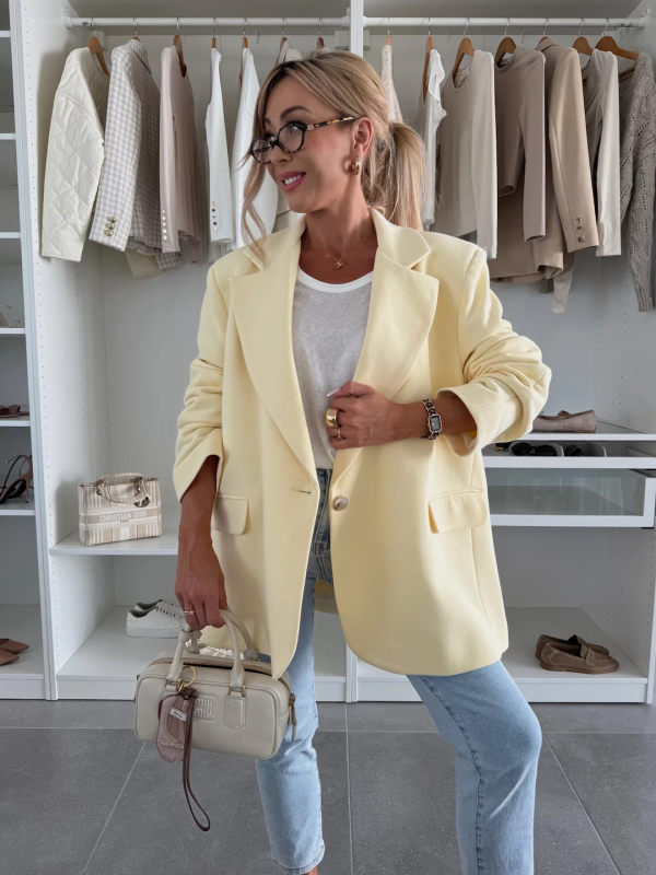 Sacou-blazer damă, culoare solidă, rever, croială lejeră, mâneci lungi, buzunare, lungime medie, stil occidental, 2026