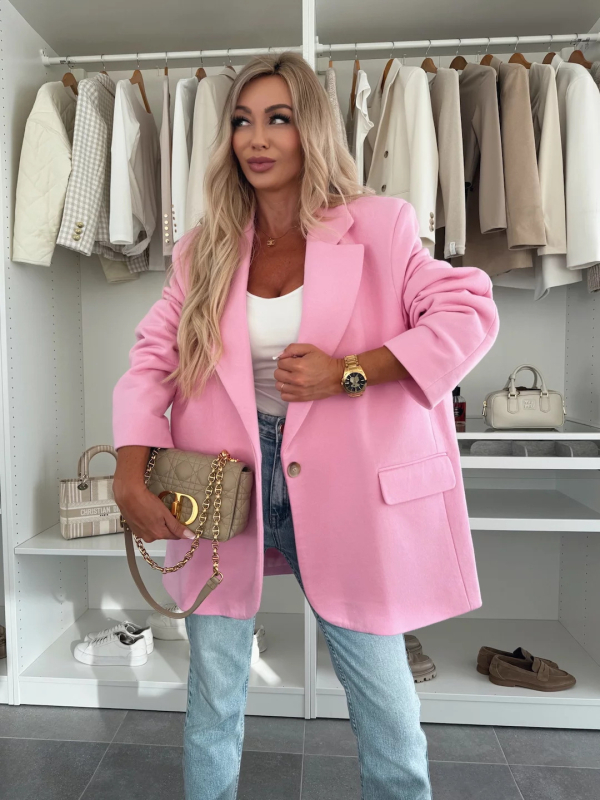 Sacou-blazer damă, culoare solidă, rever, croială lejeră, mâneci lungi, buzunare, lungime medie, stil occidental, 2026